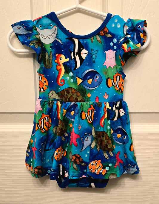 Bamboo Necessities Shark Bait Hoo Ha Ha Bow Back Bodysuit Suit Twirl Dress